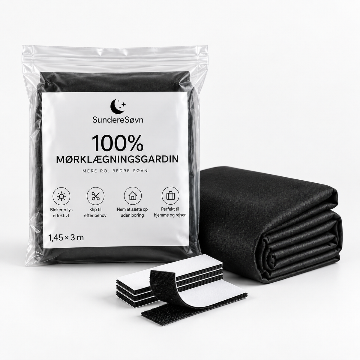 *NYHED* 100% Blackout Mørklægningsgardin - 1,45 × 3 m – Mobilt, Klip-Selv, Selvklæbende & Uden Boring